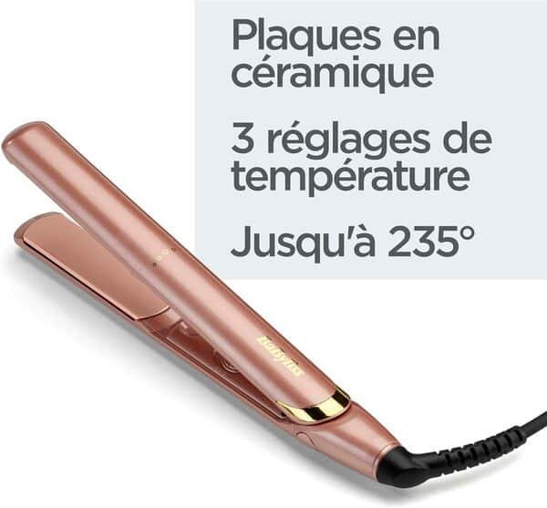 BaByliss - 2598PE - Lisseur Rose Gold 235 avec plaques flottantes longues en céramique Système brevêté Advanced Ceramics™ pour une chauffe rapide et un lissage homogène