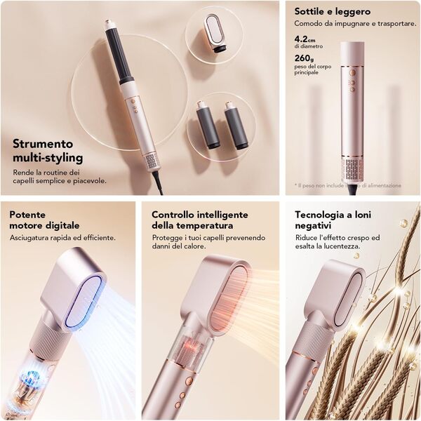 HF9 Sèche-cheveux professionnel 3 en 1 avec styler, fer à friser automatique et ions négatifs, 110 000 tr/min, 23 m/s, design or rose