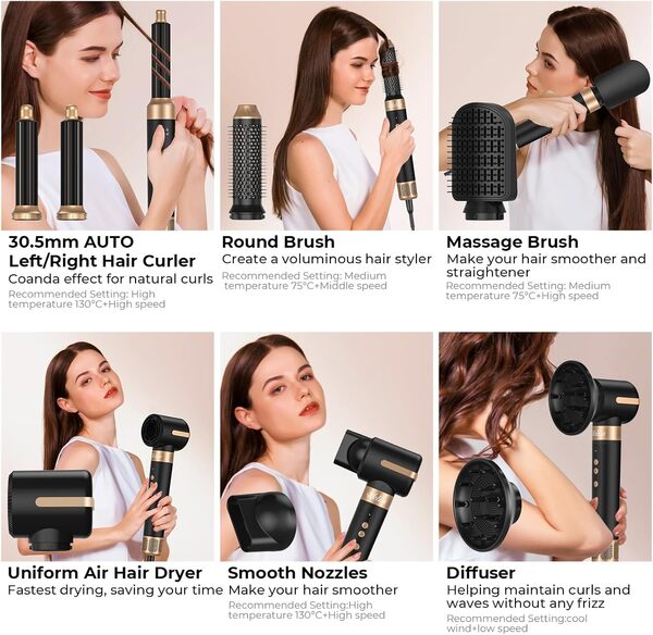 Air Styler 7 in 1, Brosse Soufflante 1400w Seche Cheveux, Brosse Soufflante Avec Boucleur a Cheveux /30mm, Brosse Coiffante Chauffante