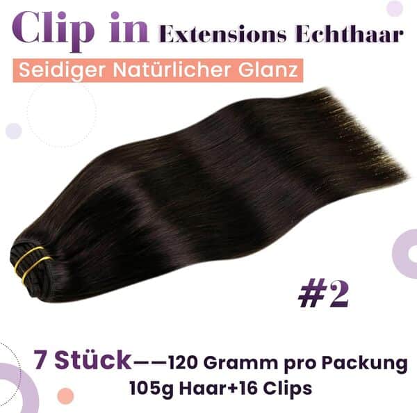 LaaVoo 55cm Extension Cheveux Naturel Clip Marron Fonce 7pcs 105g Extension Clip Cheveux Humain Brun Fonce Remy #2