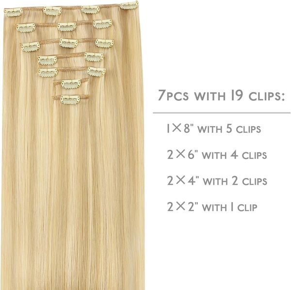 Extension a Clip Cheveux Naturel Blonde, 35cm 120g 7pcs Extension Cheveux Naturel Clip Cheveux Humains, Blond Clair à Blond Doré Accentué Extention de Cheveux Humains Vrai Cheveux