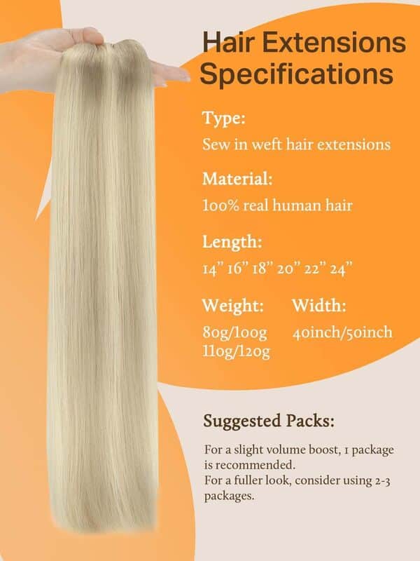 Sew in Hair Extensions Real Human Hair, Blond Cendré Blond Platine Surligné 60cm 24pouce 120g, Extension Cheveux Naturel Tissage Weft Hair Extensions Cheveux Lisse