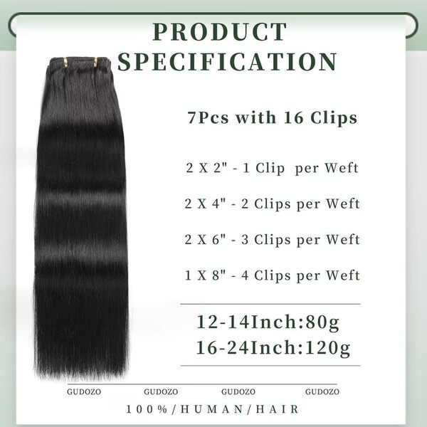 GUDOZO Extension Clip Cheveux Naturel 7pcs 60cm 120g Noir Clip Extension Cheveux Naturel Rajout Cheveux Clip Naturel Clip In Hair Extensions Human Hair Extension(24Inch,1B#)