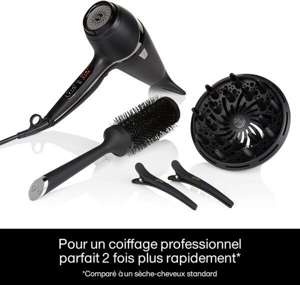 ghd - Coffret sèche-cheveux ghd Air - Sèche-cheveux professionnel (Noir) - Brosse, Diffuseur et Pinces inclus - Séchage et coiffage rapide - Réduit les frisottis - Idéal pour tous types de cheveux