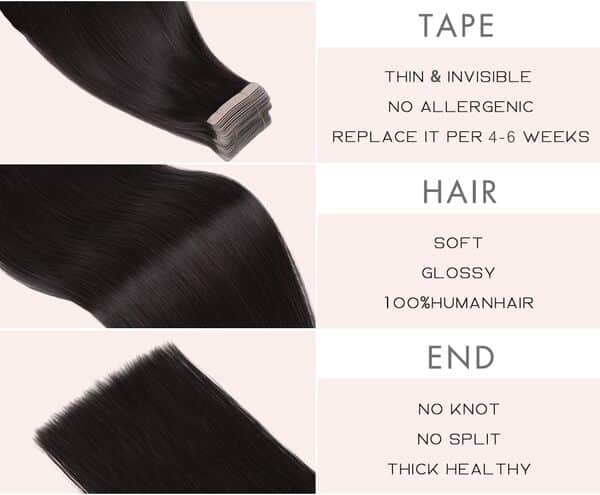 YDDM Extension Adhesive Cheveux Naturel 40pcs 50cm 100g Noir Naturel Adhesive Extension Cheveux Naturel Adhesif Extension Adhesive Tape In Hair Extensions Human Hair Extension(20Inch,1B#)