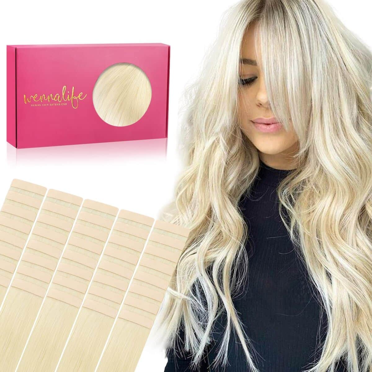 Avis sur les extensions Wennalife : cheveux naturels adhésifs 50 cm blond platine