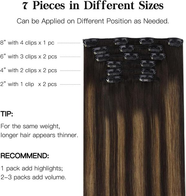 hotbanana Clip Extensions de cheveux naturel, 55cm 22 Pouces 120g 7 pièces Balayage brun foncé marron mélangé Extensions de cheveux humains réels cheveux remy raides