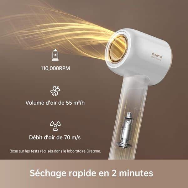 DREAME Hair Glory Combo Sèche-Cheveux Professionnel, Séchage Rapide,Moteur Haute Vitesse 110000 TR/Min,Débit d'air 70 m/s,Technologie Puissante des Ions Négatifs,Léger,Contrôle de la Température