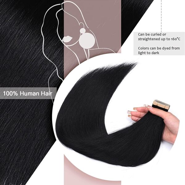 HotLulana Extension Cheveux Naturel Adhesif Noir de Jais（#1) 60cm 100g 40pcs Extension Adhesive Cheveux Naturel Tape Ins Remy Extension Cheveux Naturel Adhesif Invisible Skin Weft Cheveux 24pouce.