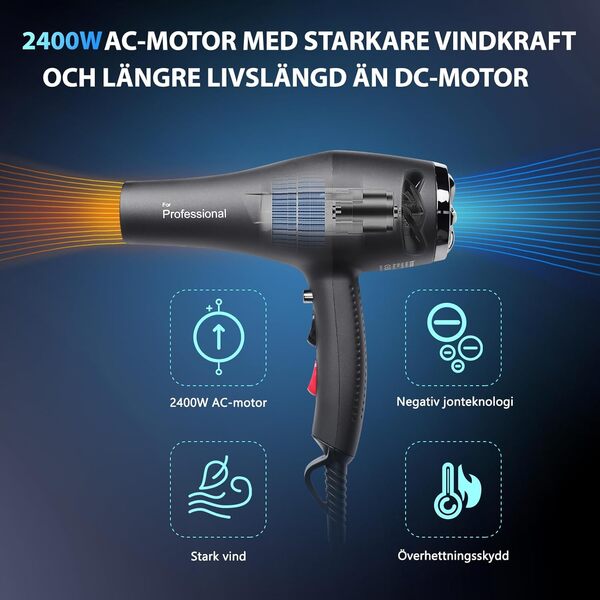 Faszin Sèche-cheveux professionnel, ionique sans frisottis, moteur AC grand débit d'air, sèche-cheveux avec diffuseur et concentrateur, 3 températures, 2 vitesses, noir (noir)