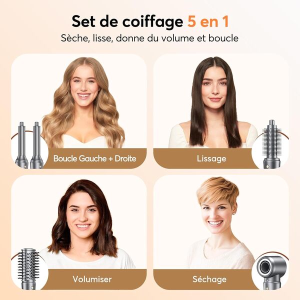 Bopcal Sèche Cheveux Professionnel 5 en 1 - Air Styler 160K RPM, Brosse Soufflante avec 500M Ionique Négatif, Fers à Boucle Automatique 32mm, Rapide et Facile, Maison/Voyage, Coffret Cadeau Luxe