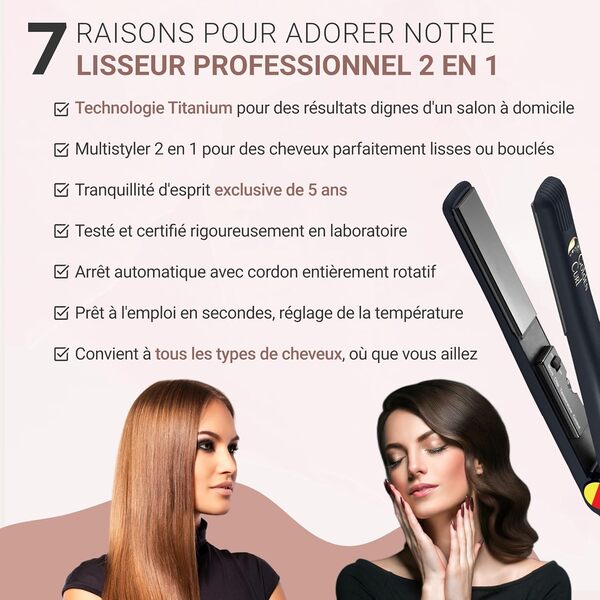 Golden Curl Fer Lisseur Cheveux Professionnel - 5 Ans de Tranquillité - Fer à Lisser et Boucleur Cheveux 2 en 1 - Appareil de Coiffure Hair Straightener pour Lisser et Boucler (Allemagne)