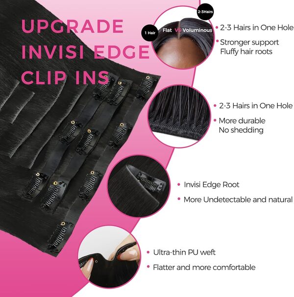 Lashey InvisiEdge Extension Cheveux Naturel Clip 40cm 110g 7 Pièces Injected Seamless Clip in Hair Extensions Human Hair Noir Naturel Yaki Raides Extension à Clip Sans Couture