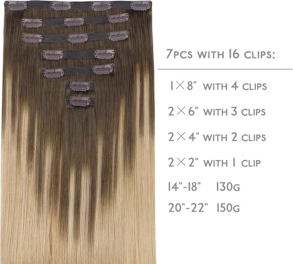 WENNALIFE Lot de 7 extensions de cheveux humains à clips sans couture, 55 cm, 150 g, balayage, marron chocolat à blond sale, en polyuréthane naturels, lisses et sans couture