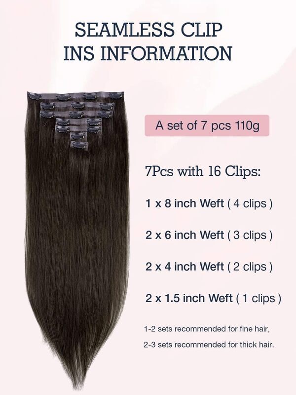 Flooyeer Extension Cheveux Naturel Clip, 50 cm, 110 g, 7 pièces, Dark Brown (#2), Straight, Trame PU Ultra-mince, Clip PU Sans Couture Dans la Vraie Extension de Cheveux Humains Clip ins