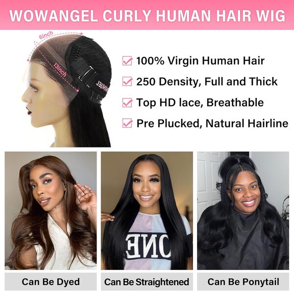 WOWANGEL Perruque en dentelle HD de densité de 250 %, 13 x 15 cm, perruque bouclée à l'avant de 0,1 mm, dentelle HD ultra fine pré-épilée, tous les nœuds de cheveux décolorés non traités, 50,8 cm