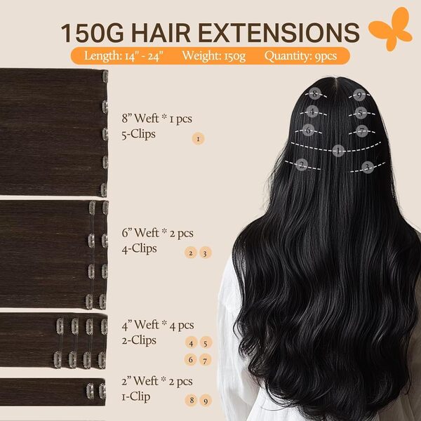 DOORES Extension Cheveux, Brun Foncé Clair 55cm 22 Pouces 9 pièces 150g Extension à Clip Cheveux Naturel Vrai Cheveux Humain Remy Extensions Cheveux Naturels à Clip Extension Humains