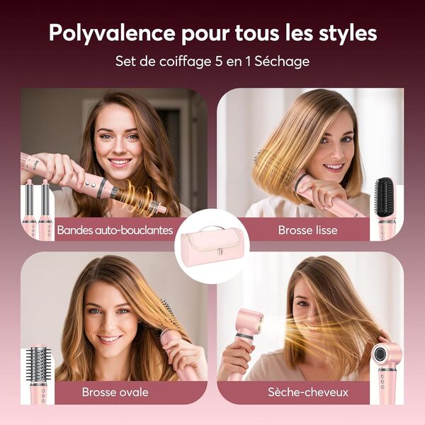 Bopcal Brosse Soufflante 5 in 1 avec Sac - 160000 RPM Seche Cheveux avec 500M Ionique Négatif, Fers à Boucle Automatique 32mm, Brosse Volumineux et Lissante, Rapide pour Voyages, Cadeaux Luxe