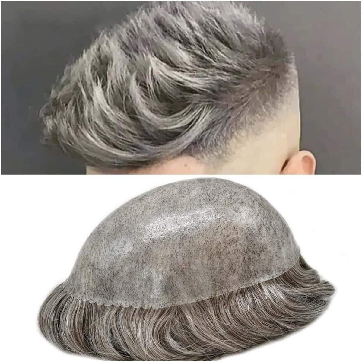 Test du complément capillaire Perruquest pour homme calvitie avec peau fine et cheveux gris ondulés