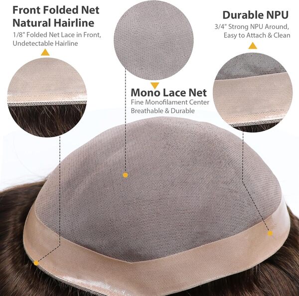 Perruques pour homme - Perruques postiches en cheveux naturels - Système de dentelle - Taille 17,8 x 22,9 cm - Couleur 3#