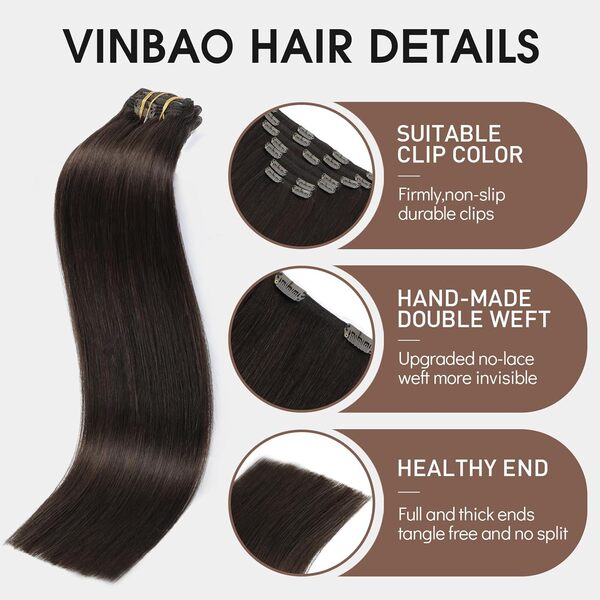 VINBAO Extension de Cheveux à Clip Châtain Foncé 160g Raides 7 Bandes Tête Pleine Extension a Clip Cheveux Naturel Rémy 55cm/22pouces Varis Cheveux Humains Maxi Volume #2(7C#2-22pouces)