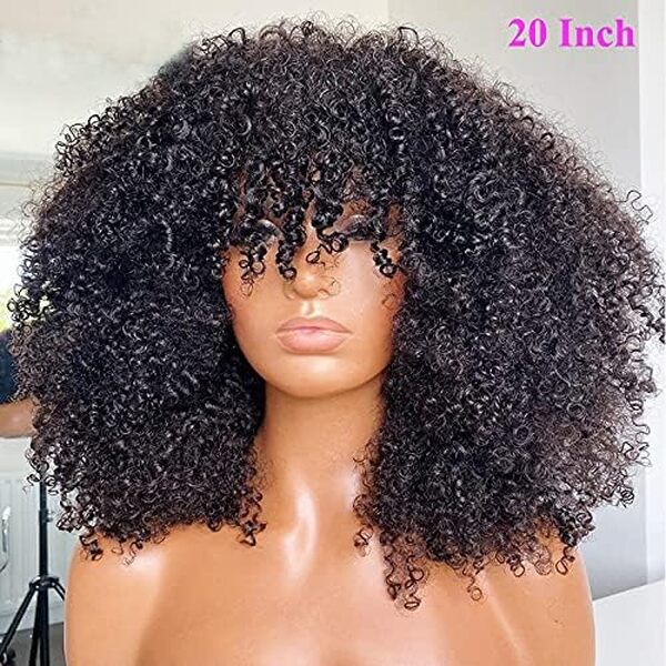 Perruque afro crépue bouclée avec frange entièrement fabriquée à la machine, cheveux humains brésiliens courts bouclés de densité 200, couleur naturelle, 45,7 cm