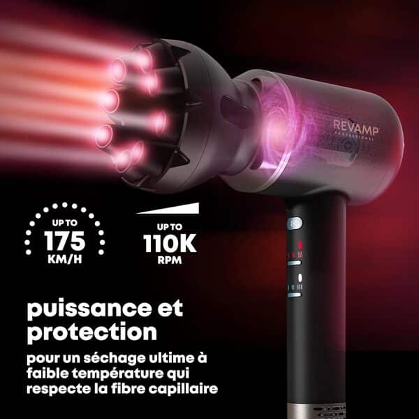 REVAMP Enigma Precision Sèche-Cheveux Ionique, Moteur Numérique Intelligent pour Séchage Rapide - Léger, Silencieux, Réglage Froid - 4 Accessoires Magnétiques pour Coiffure Professionnelle