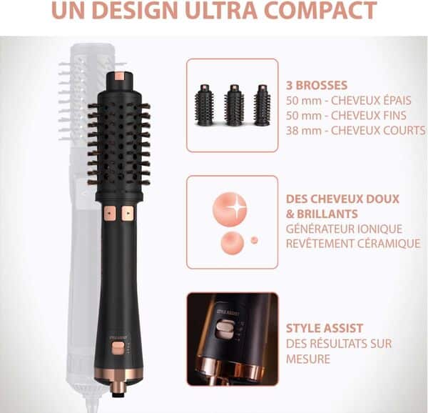 Rowenta Brosse soufflante rotative 2-en-1, Sèche, Coiffe les cheveux, 3 brosses incluses, Réduit l'électricité statique et les frisottis, Ultimate Expérience, Noir/cuivre CF9620F0