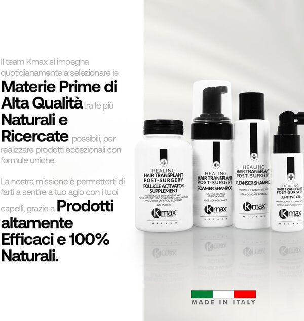 Kmax Hair Transplant Post Surgery Kit, Package - 4 articles Kit spécifique pour le traitement des unités folliculaires immédiatement après la transplantation.