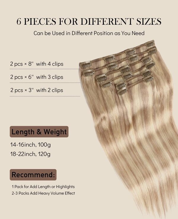 VINBAO Lot de 6 extensions de cheveux humains à clips, 120 g, blond sale avec méches blond décoloré, cheveux humains lisses et soyeux (#C18P613, 5,5 m)