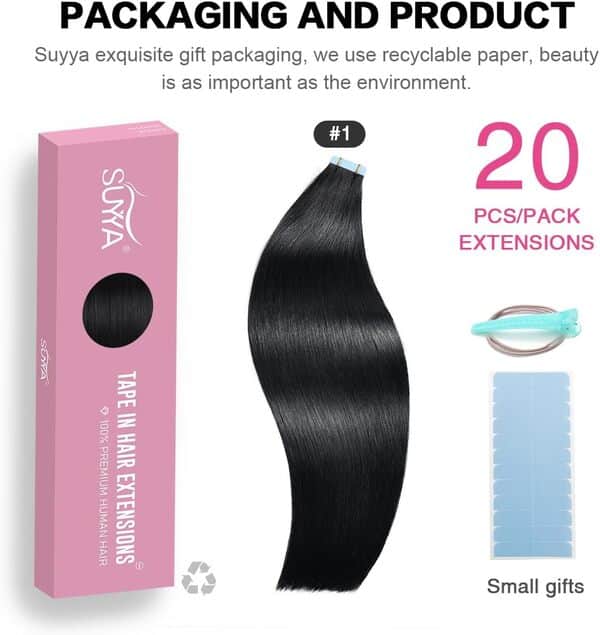 SUYYA Extension Adhesive Cheveux Naturel Droits Cheveux humains Extension Cheveux Naturel Adhesif Tape in Hair Extensions 20Pouces/70cm 60g 20 Pièces #1 Noir de Jais