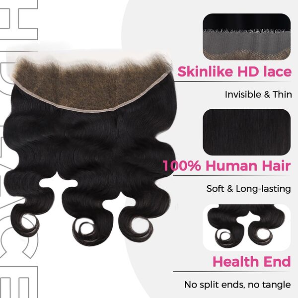 Lashey 13x4 HD Lace Frontal HD Dentelle Frontale Noeuds Pré-blanchis Ligne de Cheveux Pré-plumés Cheveux Humain Vagues HD Frontal Body Wave Noir Naturel 30 cm (12 pouces)