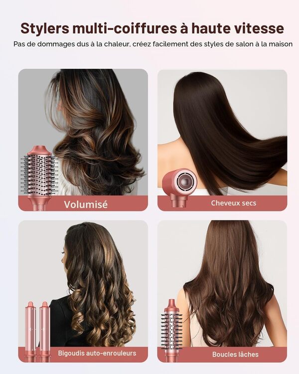 5 en 1 Sèche Cheveux Air Styler avec Séchage Rapide, Sans Dommages Causés par La Chaleur, Anti-frisottis pour Volumisation Bouclage Lissage Séchage, Lisser Trousse de Rangement