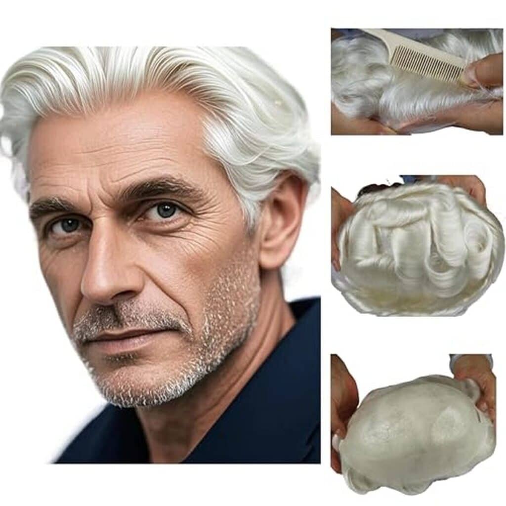 Test du toupet homme naturel PU 0.08 épais : ligne de cheveux blanche 60R